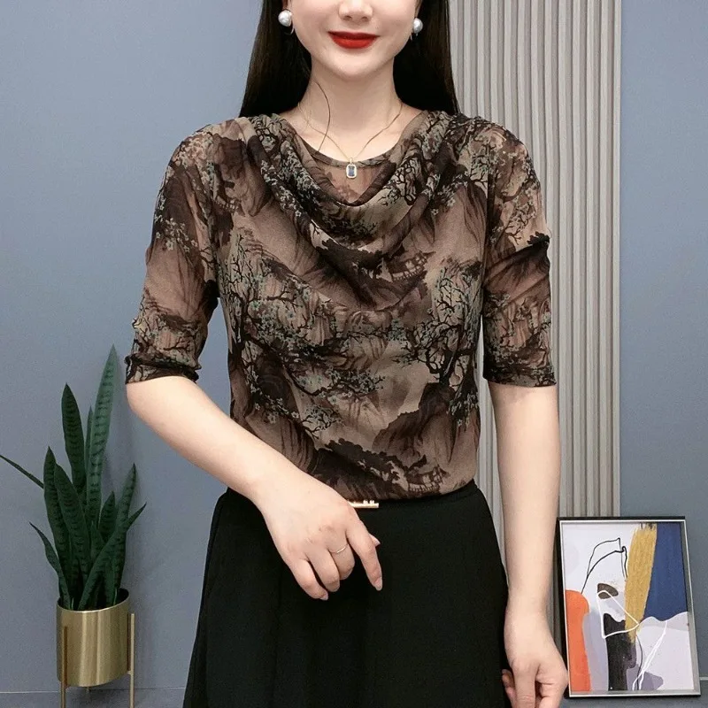 

Fashion Elegant Summer New Chiffon Lace T-shirt Women Elastic Pile Collar Printed Loose Half Sleeves Casual Bottoming Shirt Tops