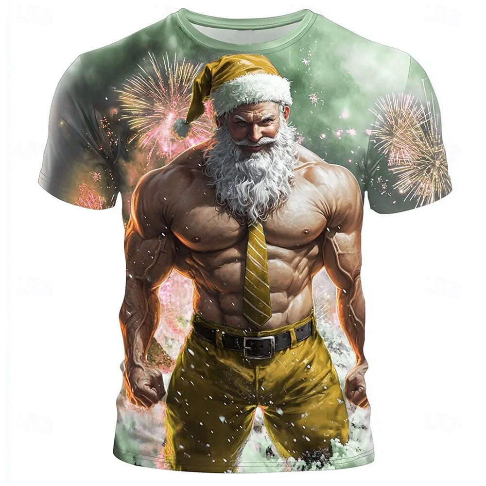 Men's 3D Printed Strong Santa Clause Graphic T-Shirt Christmas Festival Party Short Sleeve Tees Loose Casual Comfortable Clothes