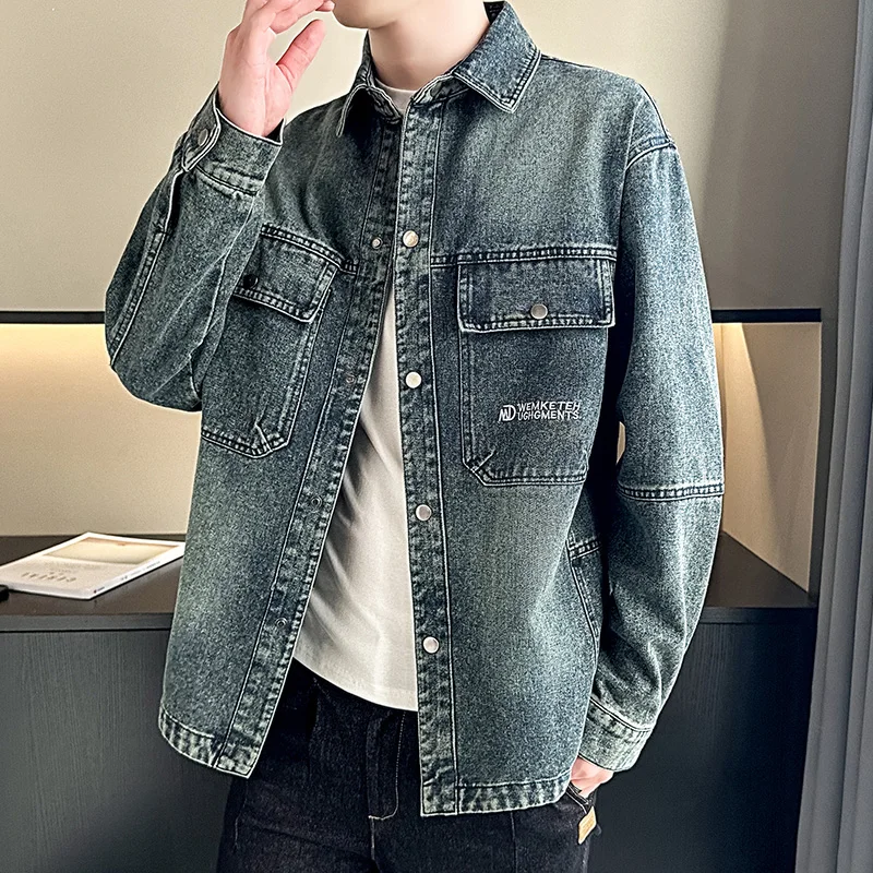 

Высококачественная модная стильная повседневная джинсовая рубашка в деловом стиле и молодежная джинсовая куртка-пиджак
