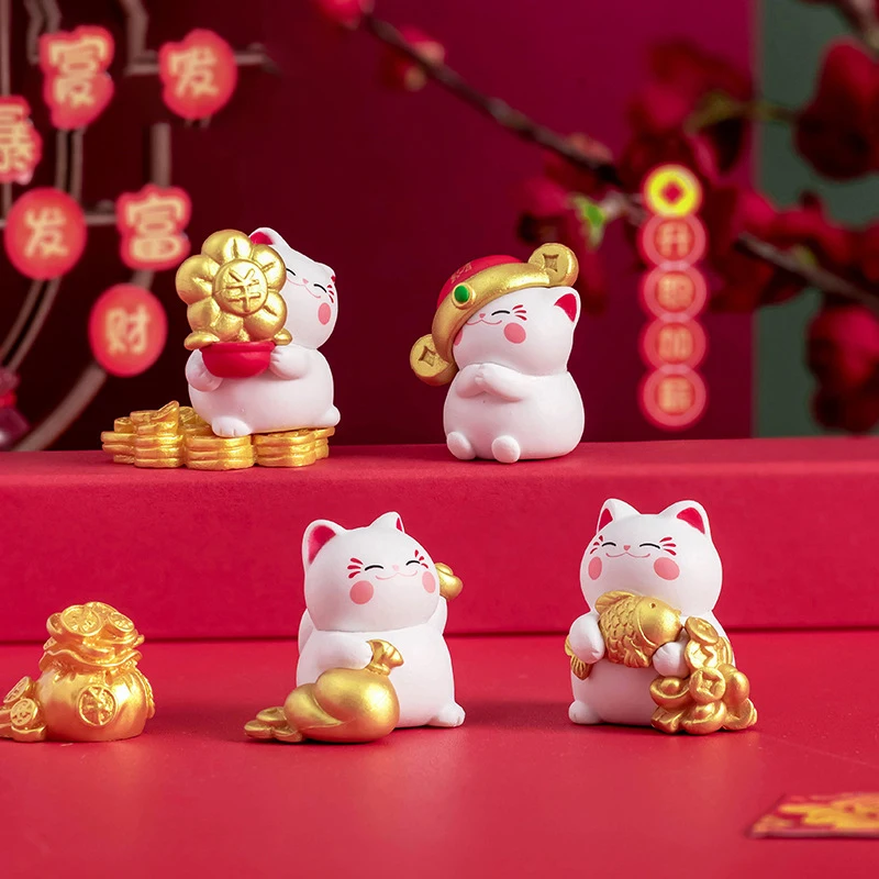 

4Pcs Mini Lucky Cat Ornament Cartoon Fortune Kitten Figurine Micro Landscape Car Interior Home Desktop Decor