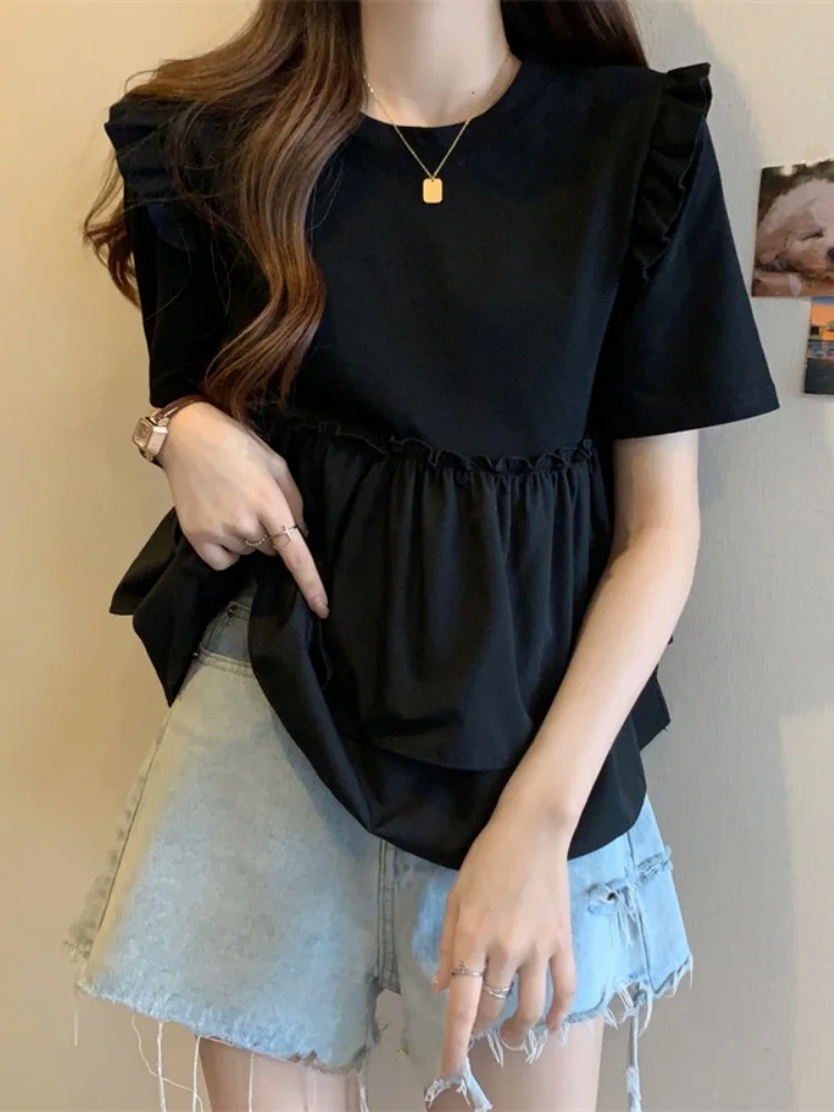 Stylish Large Size Doll Top Women's Summer Fashion Conceal Belly Design Slimming Base Shirt Korean Style round Neck Short Sleeve