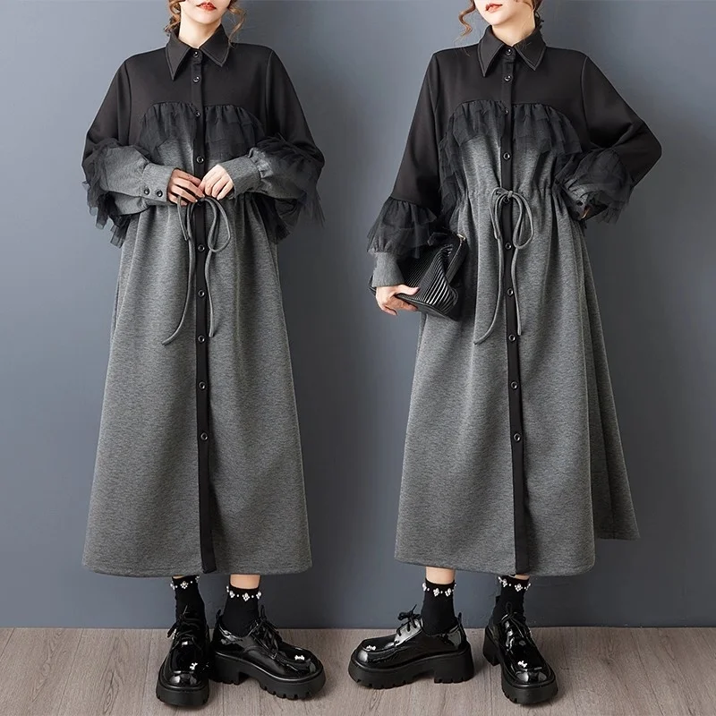 

Spring And Autumn Clothing Loose Fashionable Dark Style Design, Pleated Mesh Splicing Temperament Dress Coat Windbreaker W1628