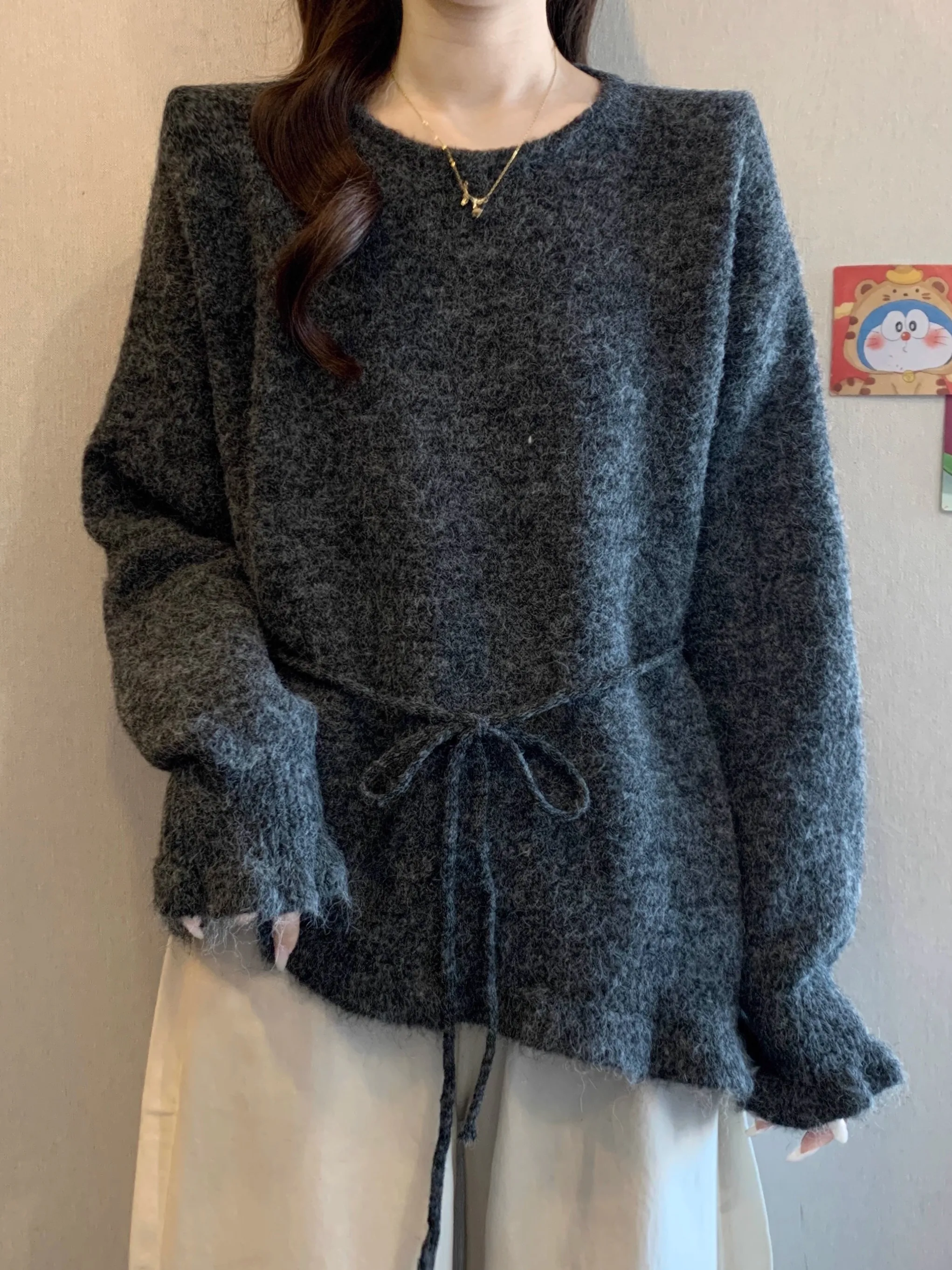 

Ay, длинный вязаный свитер с кружевным подолом, женский зимний свитер больших размеров, большой мм, с поясом на талии, мягкий эластичный топ для поездок на работу