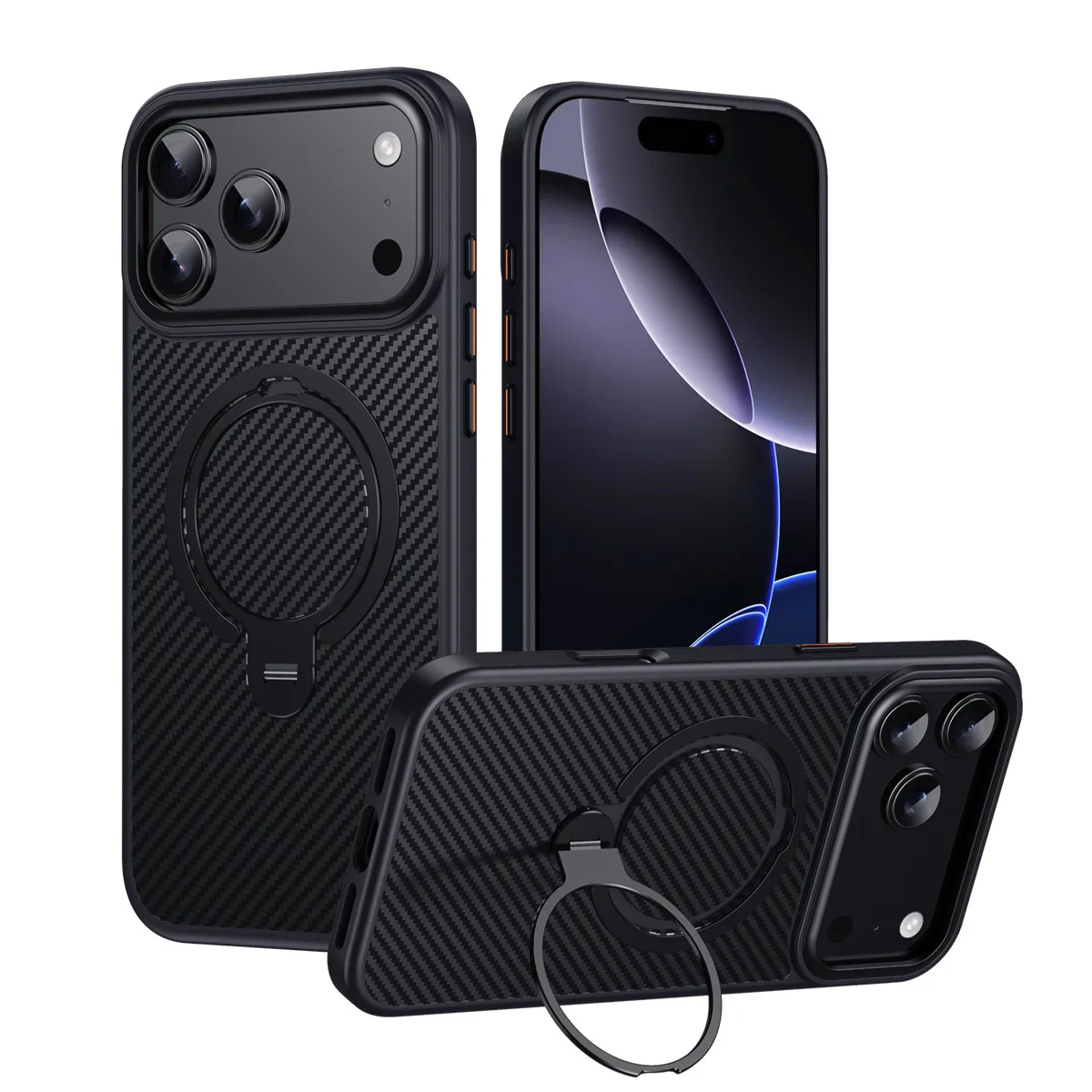 Dual Magnetic Metal Ring Stand Case For iPhone 17 Air 16e 16 15 Plus 14 Pro Max 13 Carbon Fiber Textured Business Cover