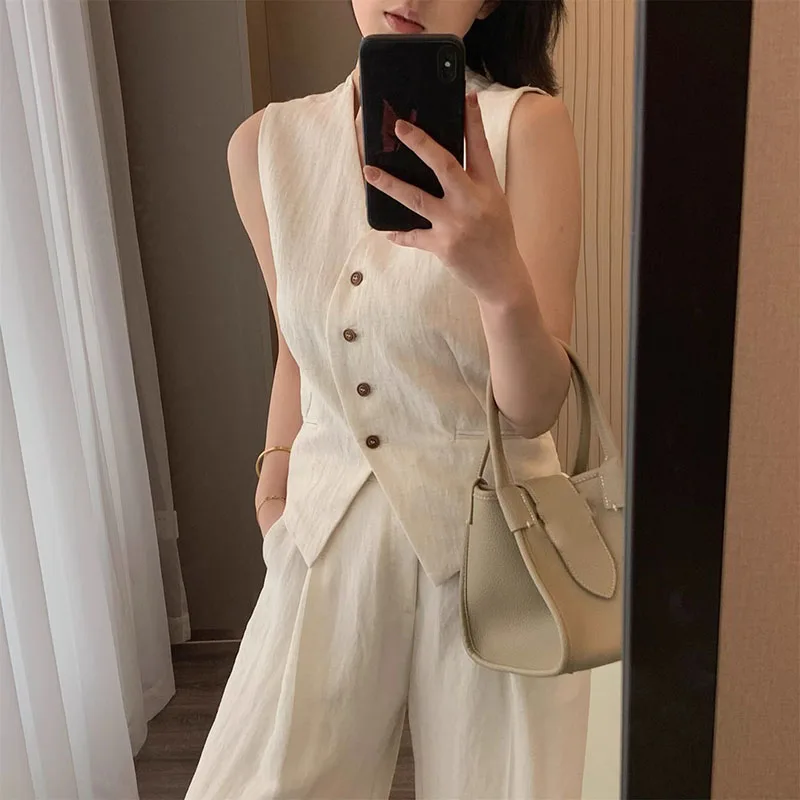 Women Set Sleeveless V-neck Single Breasted Waist Pleated Design Vest Wide Leg Pants Solid Color Simple Temperament Casual Set