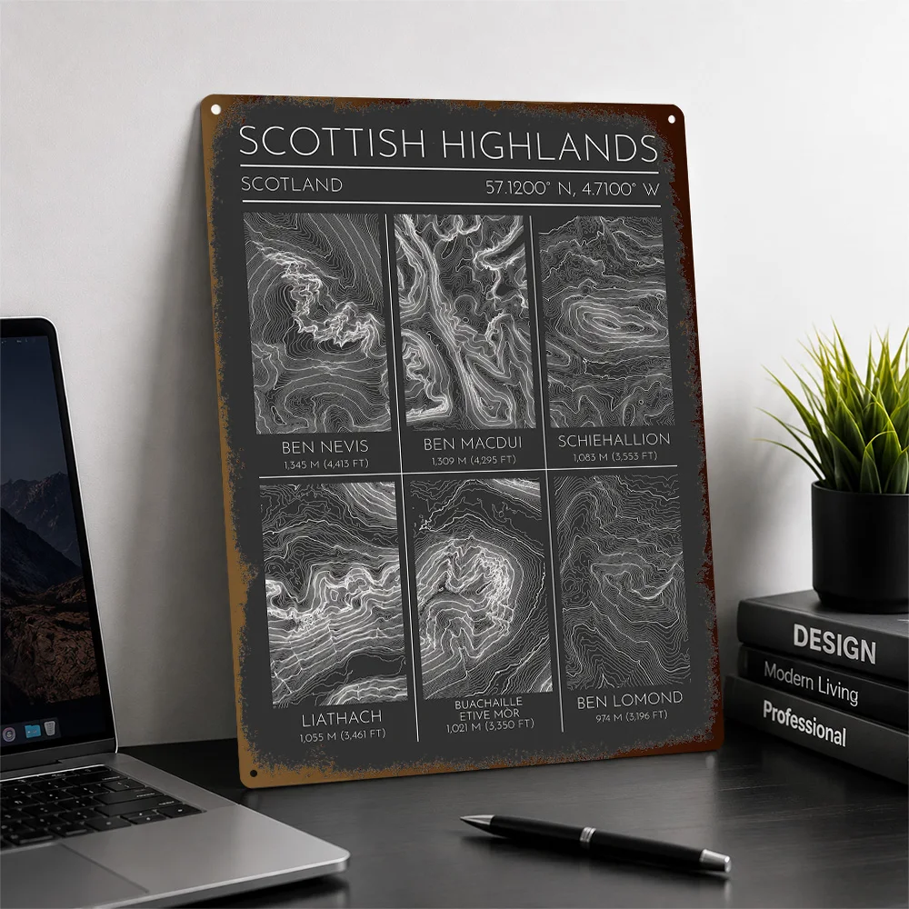 Scottish Highlands Topographic Contour Map Aluminum Poster Customized Metal Tin Sign Terrain Survey Design Wall Art Study Decor