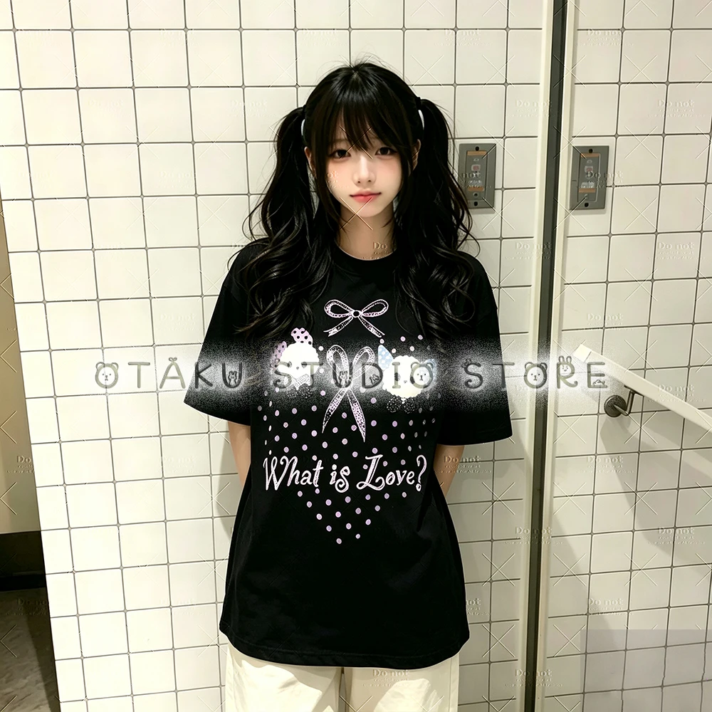 Unisex Oversized Black Crew Neck T-shirt Jirai Kei Moé Nijigen Cartoon Sheep Bow Heart Polka Dot Graphic Y2K Harajuku Dark Sweet