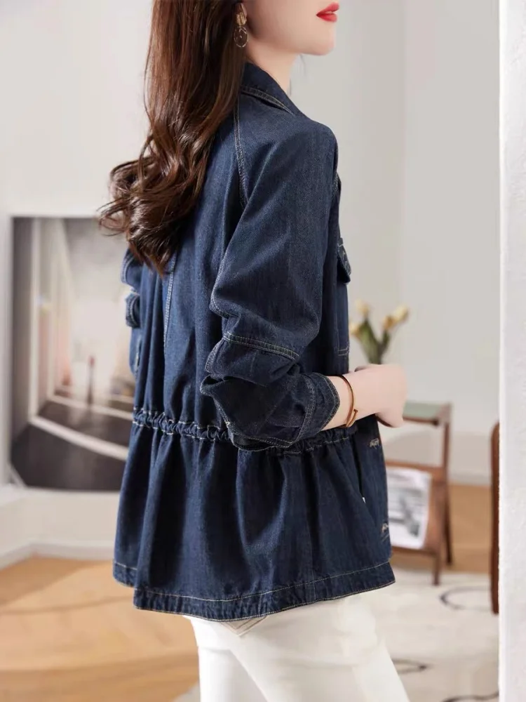 Deep Blue Retro Denim Jacket Women's Casual Loose Workwear Coat Medium Length Collar Long Sleeve Straight Tube Commute Style