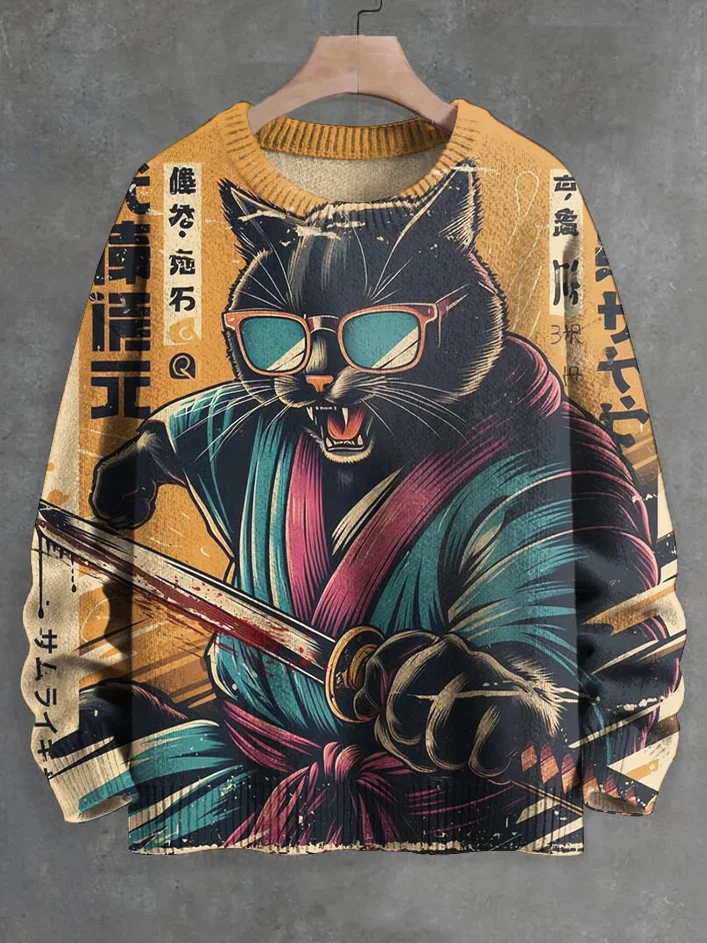 Men's Sakura Black Cat Sushi Tea Art Print Knit Pullover Sweatshirt Unisex Comfortable Soft Hairband Included