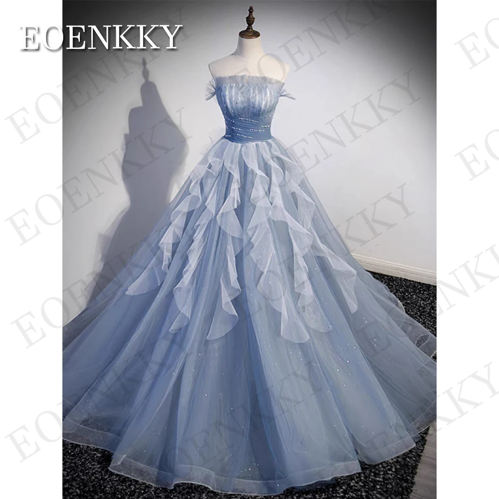 Blauwe strapless prom jurken Korea afneembare pofmouwen parels Fairy ruches A line lange avond feest gelegenheid Gowns, Blauwe Strapless Prom Jurken Korea  Afneembare Pofmouwen Fee met parels  Ruffles A Line Lange Avon