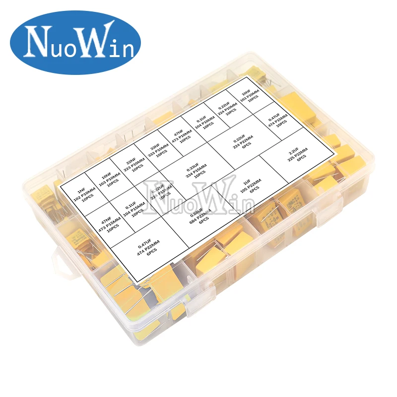 160pcs/Lot Polypropylene Film X2 Safety Capacitor Assorted Kit 275VAC 18Values 102K-225K 1NF-2.2UF Sample Set