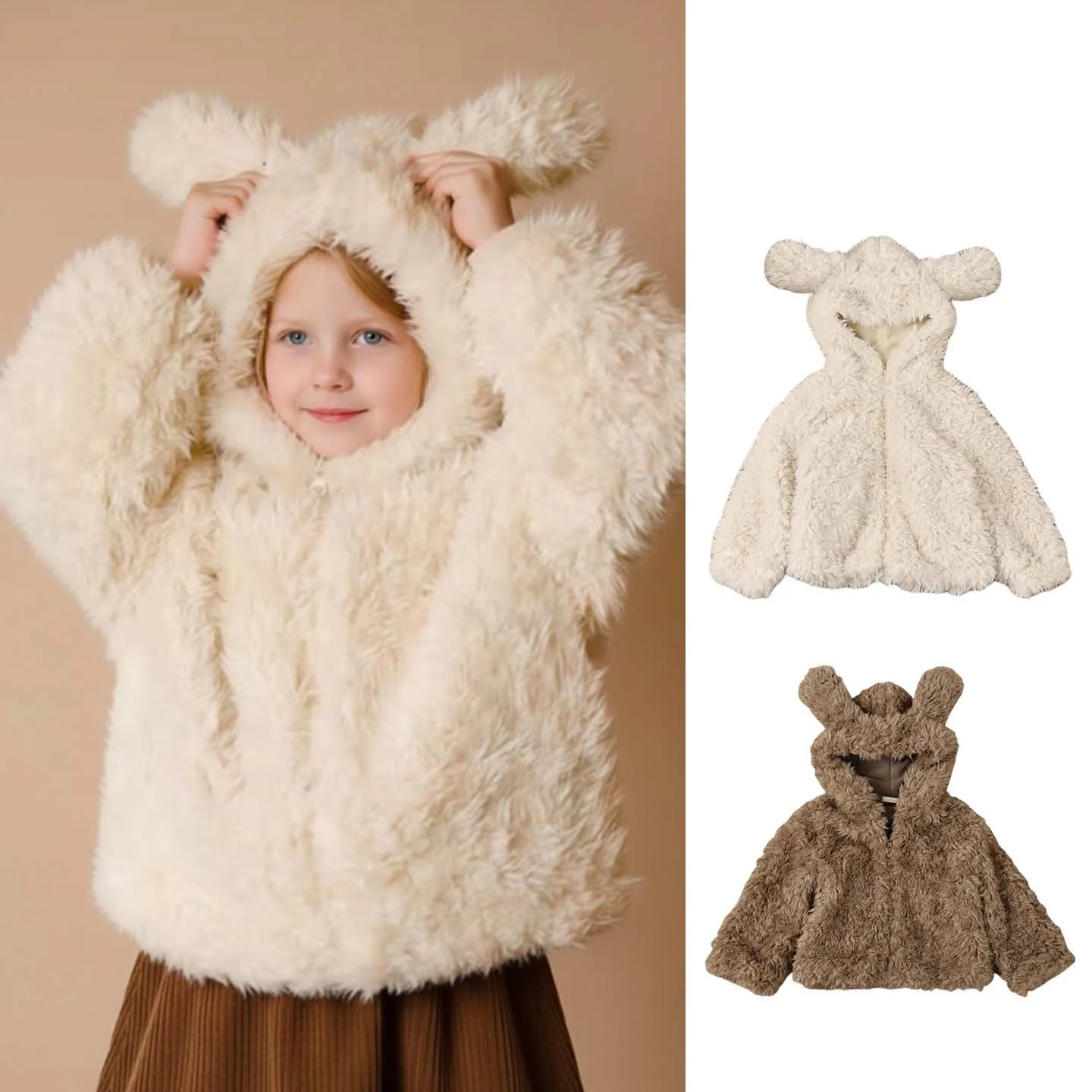 

RAISE Winter Children Woolen Coat Hooded Fleece Warm Thick Outerwears For Kid Girl Soft Plush Toddler Baby Girls Fur Jacket Coat