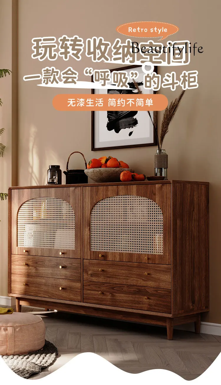 Retro Sideboard Cabinet Small Apartment Living Room Rattan Walnut Color Home Storage Storage Cabinet Tea Cabinet