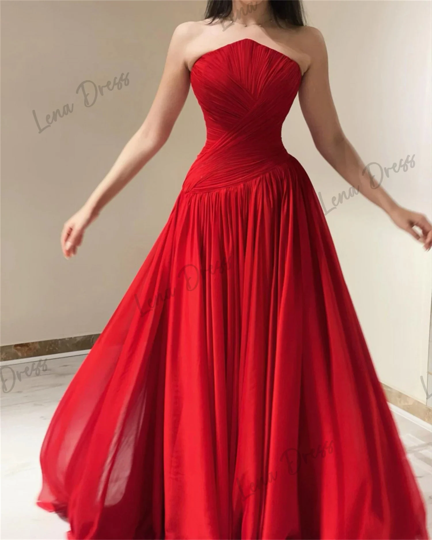 Lena - Red Elegant Dress Evening Dress Split Party Dress Suitable for Special Event Bridesmaids Chiffon Graduates Strapless Reun