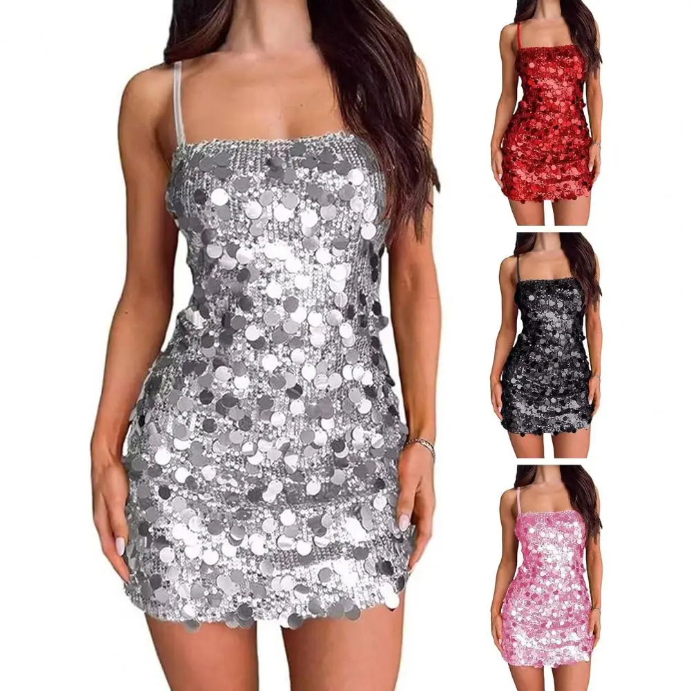 

Women Polyester Dress Sparkly Sequin Bodycon Mini Dress for Women Glittery Evening Party Outfit with Spaghetti Straps Backless