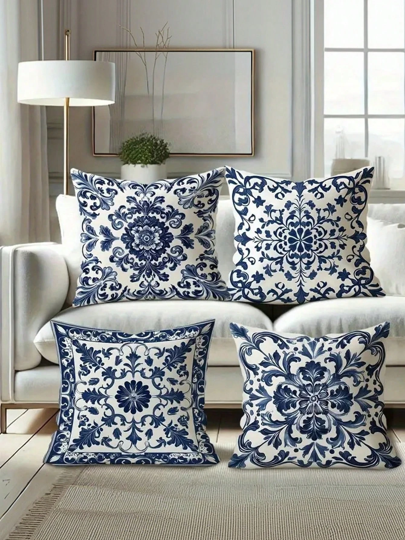 Blau-weißer Blumenkissenbezug, doppelseitiger 2D-Druck, eleganter, weicher Kissenbezug, Schlafzimmer, Wohnzimmer, Couch-Dekoration, zeitloses Accessoire, Geschenk