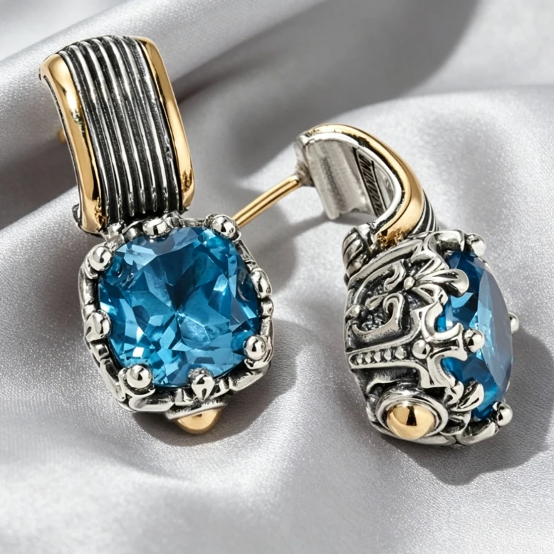 Gotischer Stil Vintage Glänzende Blaue Synthetische Zirkonia Zweifarbige Tropfenohrringe Damen Mode Schickes Design Festival Schmuck Accessoire