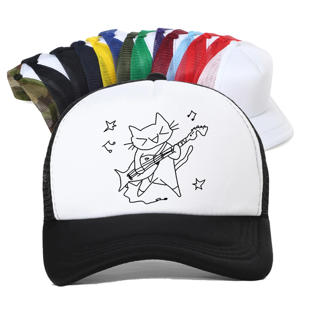 

Music Is My Life Cat Graphic Baseball Cap Unisex Summer Fashion Visor Outdoor Adjustable Mesh Breathable Trucker Hat