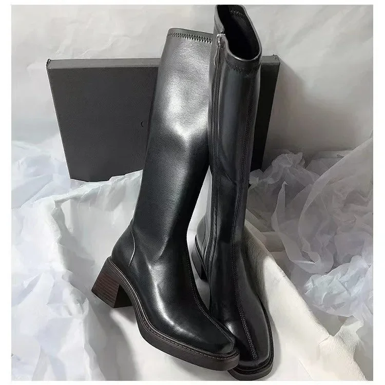 Vintage Thick Heel Women Knee High Boots Fashion Side Zippers Shoes Autumn Winter Ladies Concise Long Botas De Mujer 2025