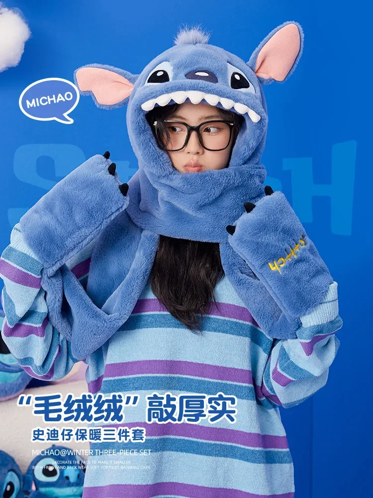 Stitch Hat, Scarf and Gloves All in One for Women Winter Disney Chip & Dale Student Thickened Warm Suit Christmas Gift