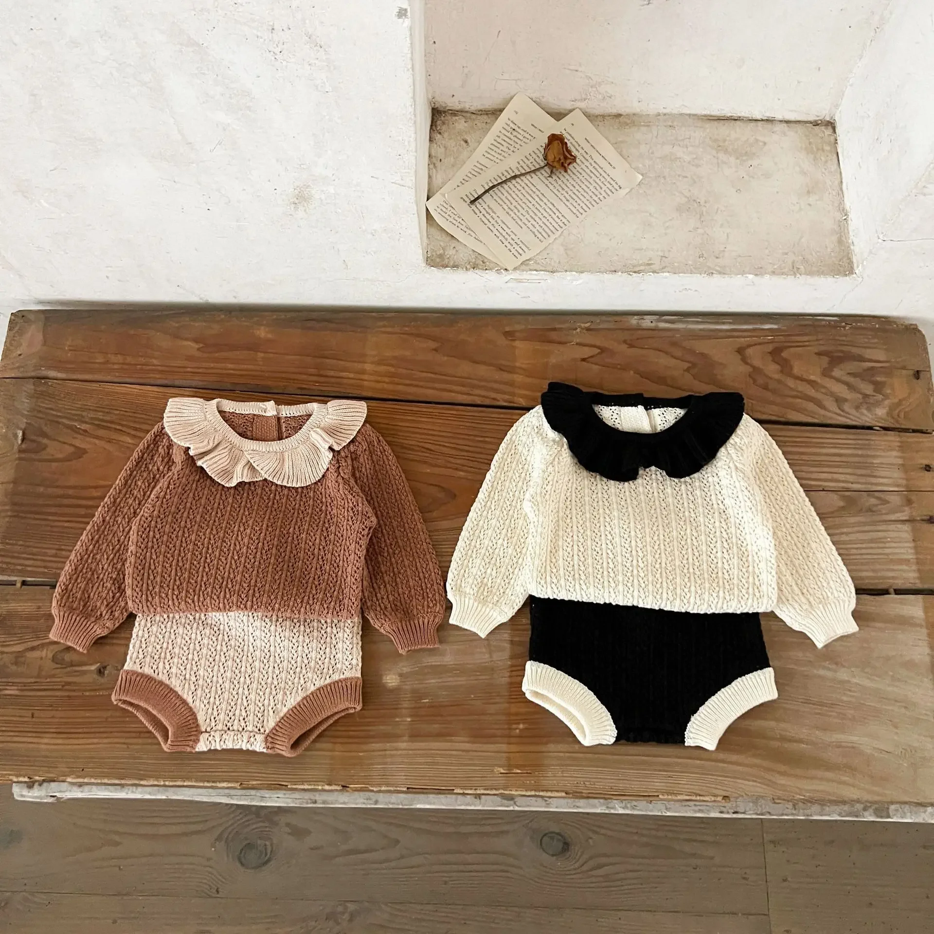 Kids Sets Spring and Autumn Annals Clothes Baby Girl Hollow Lotus Leaf Collar Knitted Suit Western Style Shorts Two Piece Sets