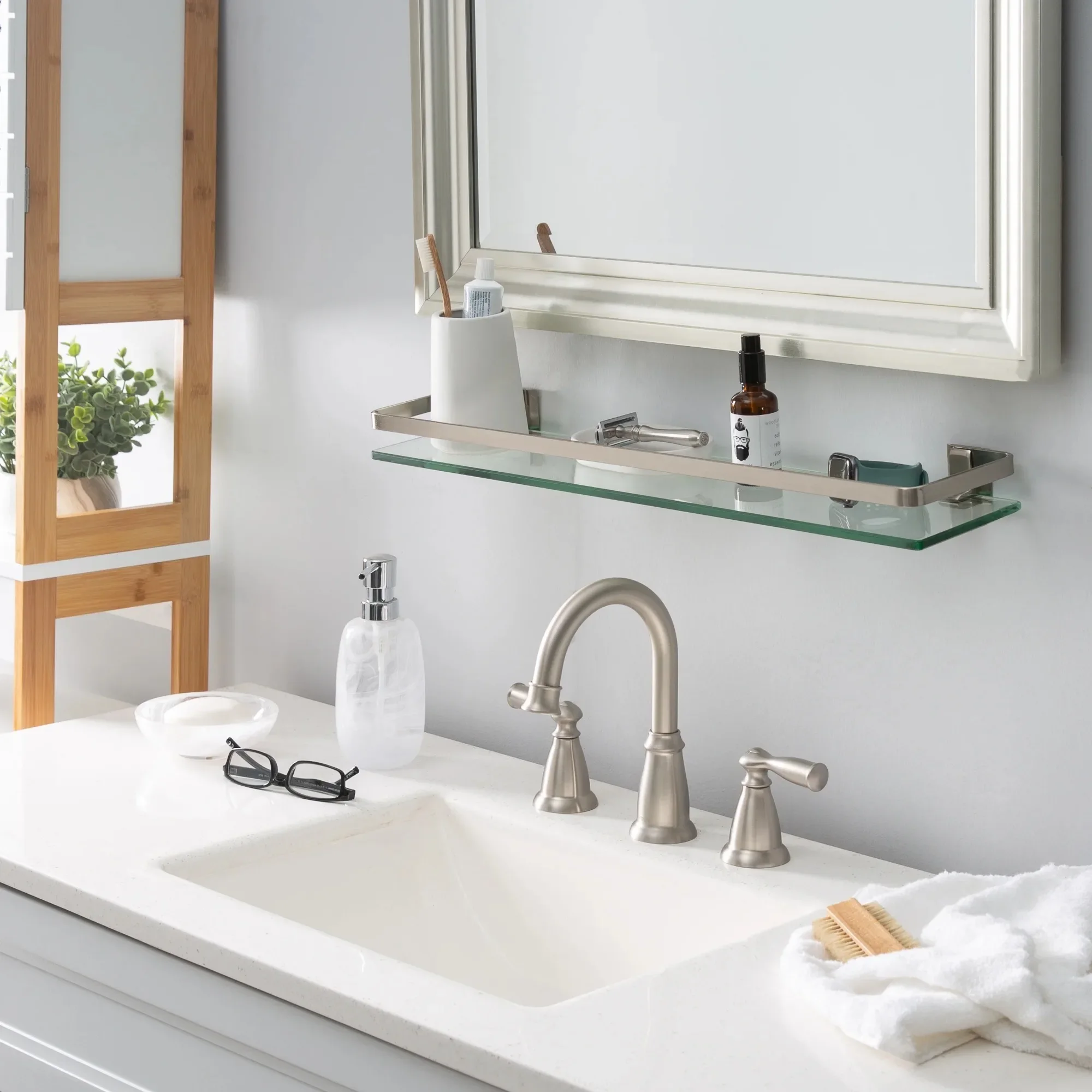 Decorative Glass Bathroom Shelf with Nickel Rail, Wall Mount Storage Rack for Towels, Toiletries & Decor