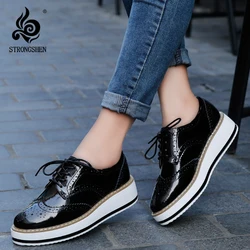 STRONGSHEN British Style Women Brogue Shoes Round Toe Oxfords Platform Casual Leather Footwear Increase 4.5cm Sapatos Chaussures