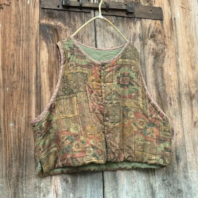 

New Arrival 2025 Autumn Winter Arts Style Women Sleeveless O-neck Loose Short Coats Vintage Print Cotton Linen Thick Vest Coat