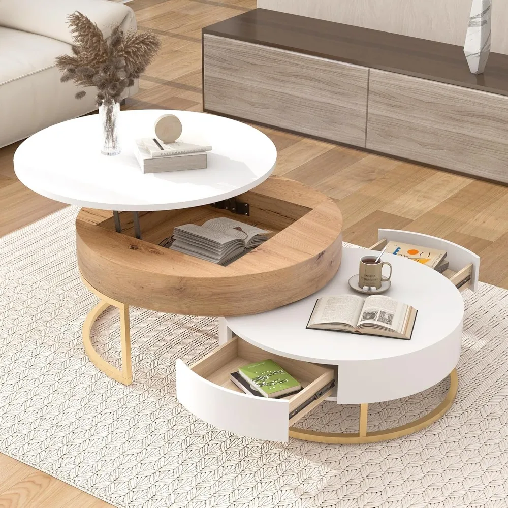 Modern Round Lift-top Nesting Coffee Tables with 2 Drawers for Living Room White & Natural