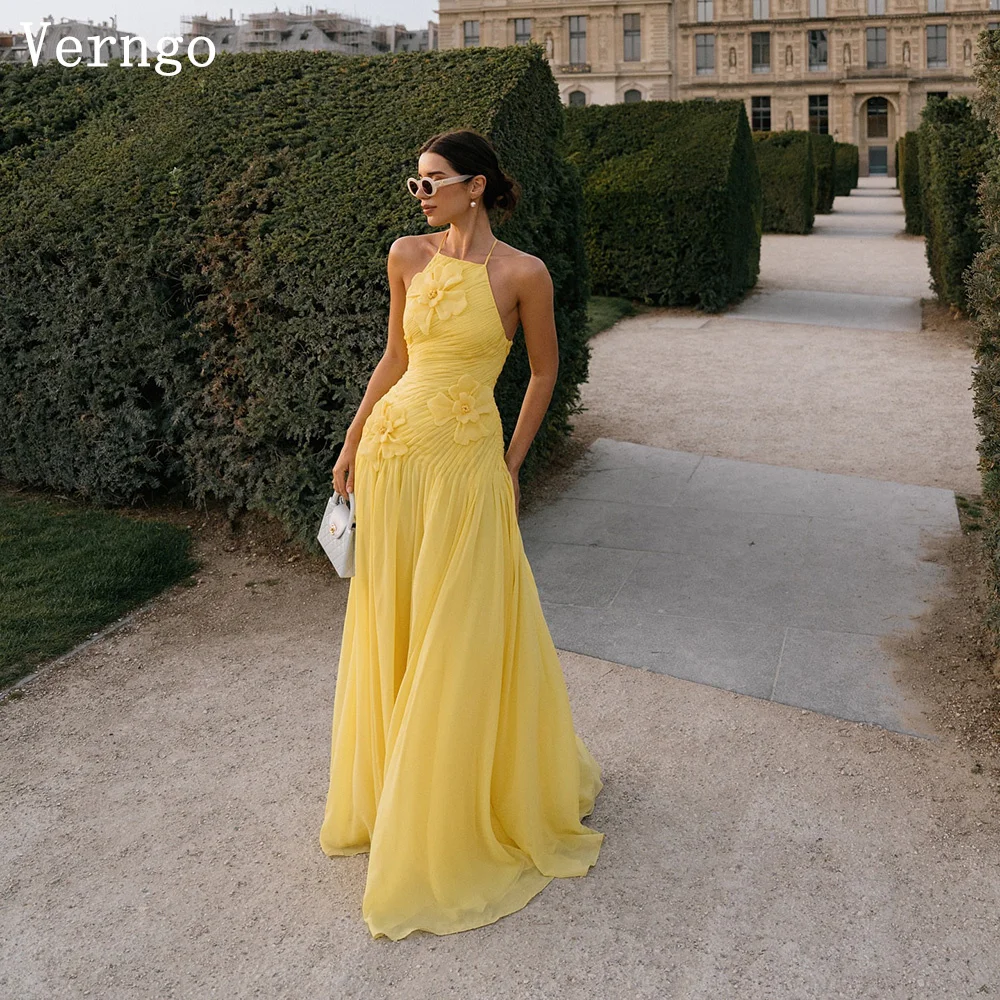 

Verngo Yellow Chiffon Evening Dress Halter A Line Handmade Pleated Prom Gowns Appliques Maxi Formal Occasion Dress Customized