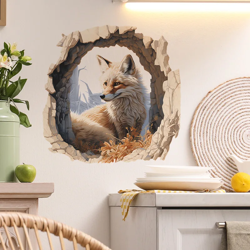 3D Broken Hole Fox Wall Stickers for Kids Room Home Decoration Creative Animal Mural Art Diy Boy's Wall Decal Pvc Posters