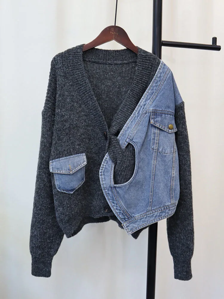 DEAT Spliced Denim Knitted Cardigan For Women Loose Casual Versatile Sweater Jacket Female Trend 2024 Autumn New Items 33A2097