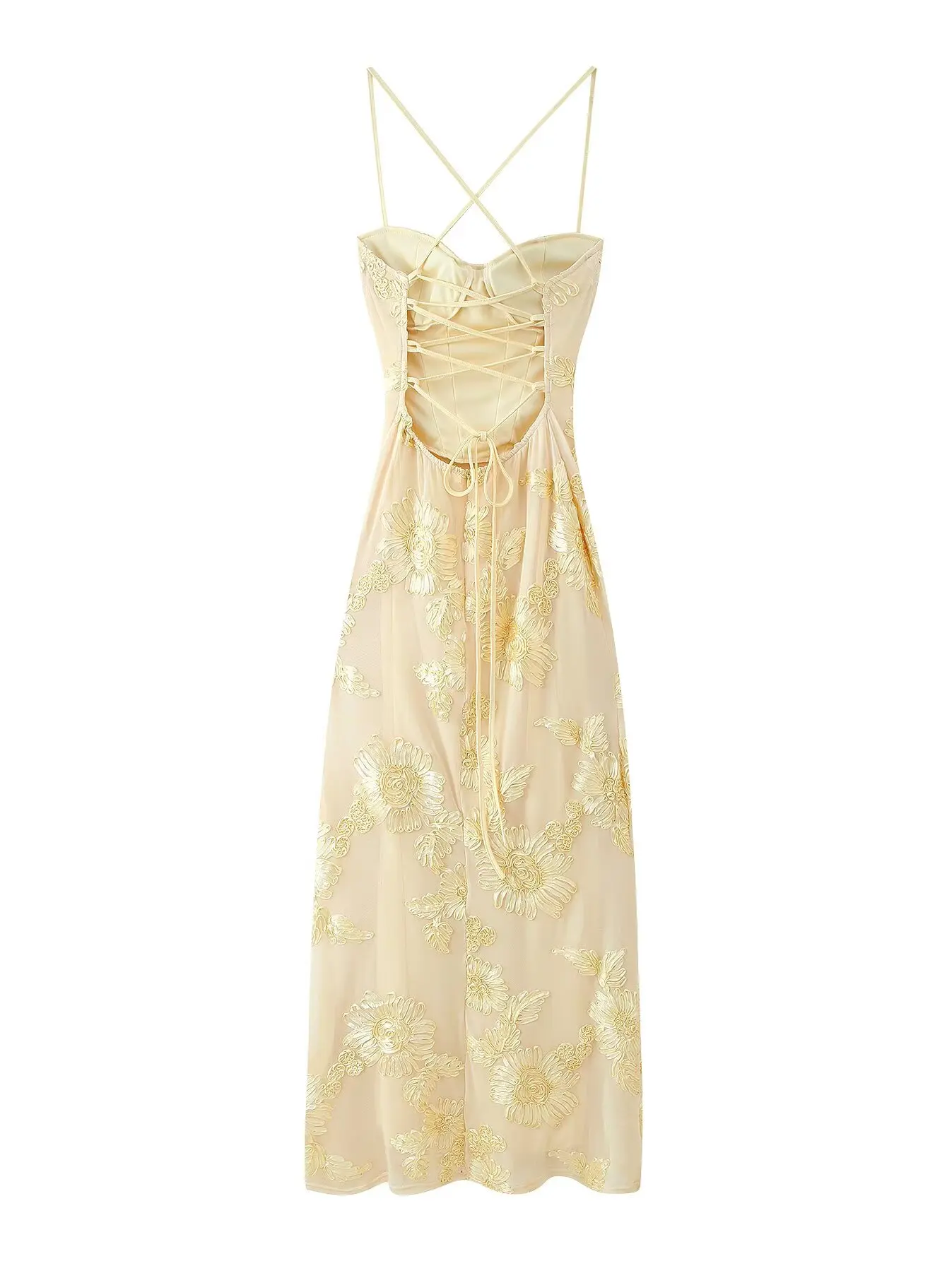 Cami lange damesjurk met reliëfbloemborduurwerk, rugloze mouwloze slim-fit elegante jurken