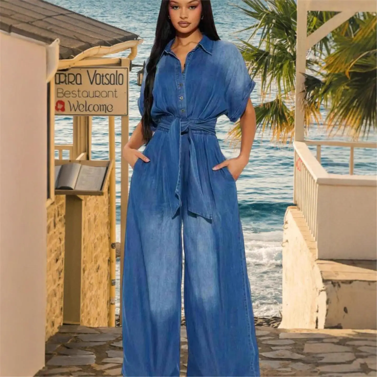 

Summer 2025 Women's Denim One-Piece Pants Floor-Length Waist-Cinching Collared Wide-Leg Jumpsuit Faionable Casual Outfit