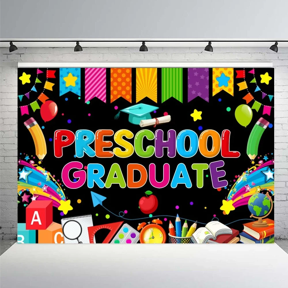 Preschool Kindergarten Graduate Backdrop 2025 Congrats Grad Kids Students Happy 100th Day Classroom Prom Party Decor Background