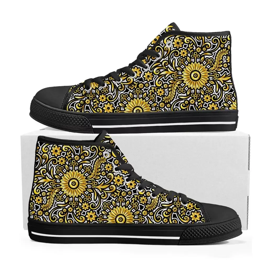 Sapatilhas de lona floral ouro barroco para homens e mulheres, padrão europeu, sapatos altos, sapatos personalizados casuais, luxo, adolescente