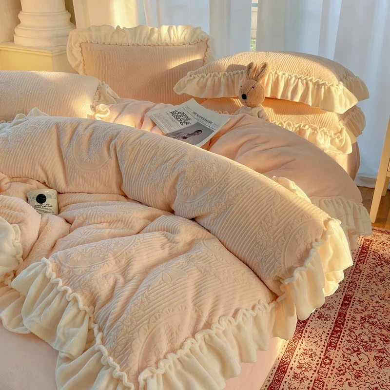 French princess bow milk fleece four-piece winter jacquard thickened coral fleece lace double-sided fleece quilt cover 4