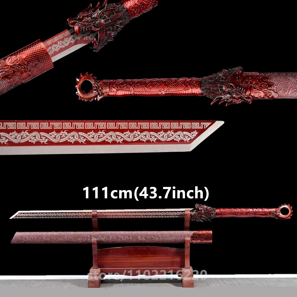 Cool Red Battle Wide Sword Forged Handmade High Manganese Steel Blade Martial Art Sword Full Tang Leather Wrap Hardwood Sheath