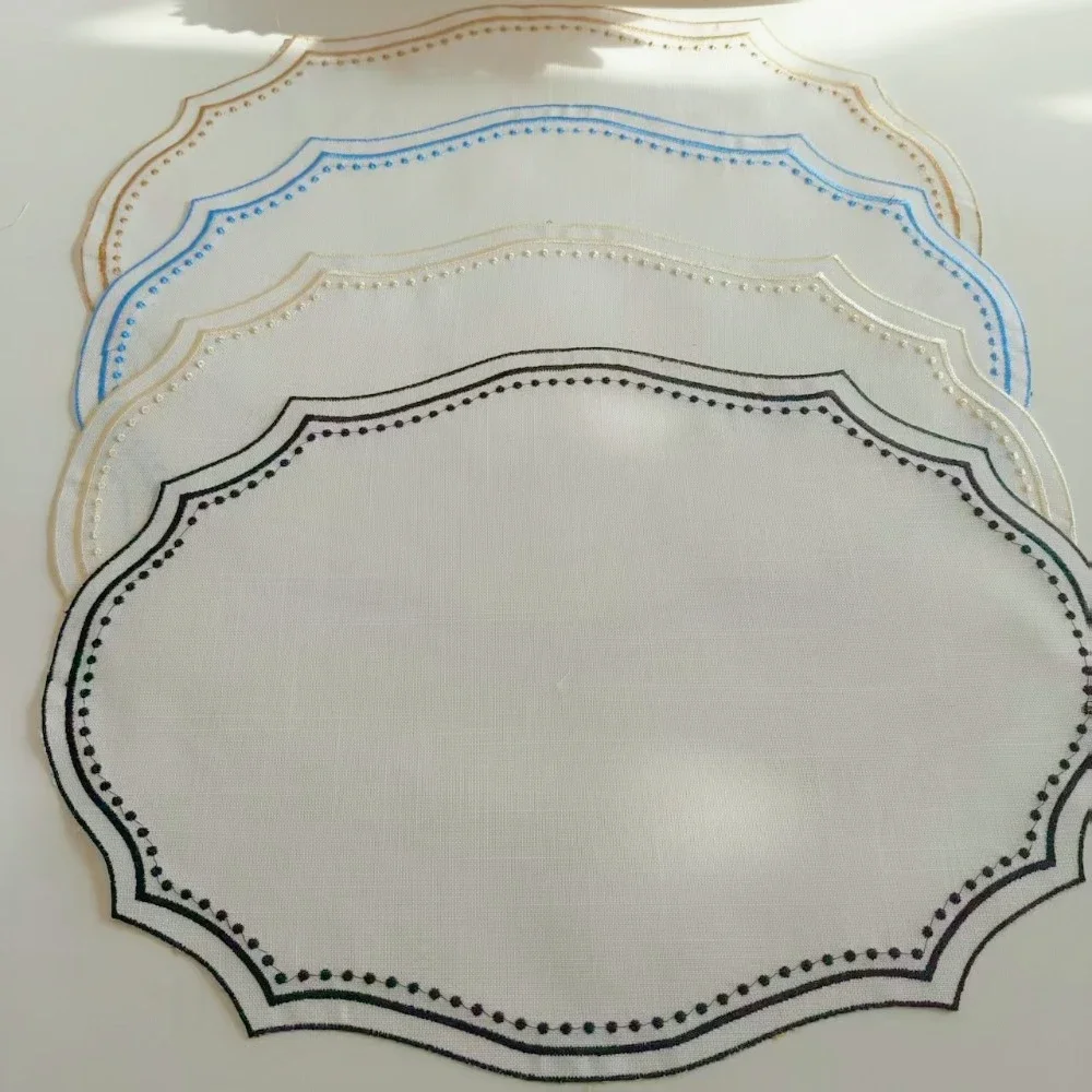 6pc Bamboo Cotton Placemat Wavy Edges Embroidered Lace Napkin Washable and Reusable Tablecloth for Party & Home Individual Table