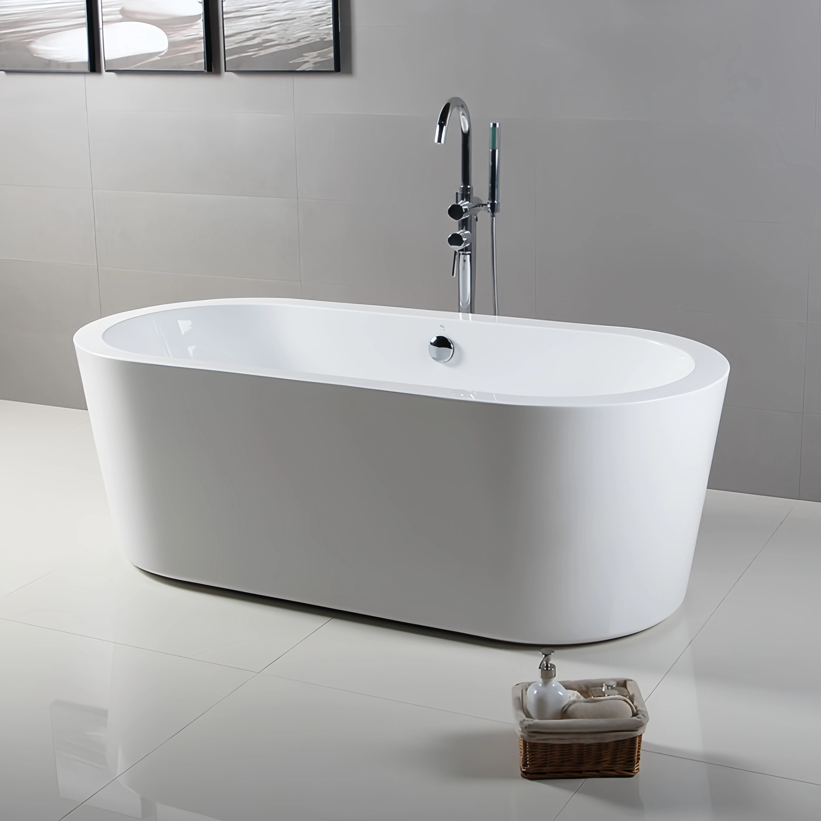 Acrylic Freestanding Oval Soaking Bathtub Chrome Drain White Color Modern Design Indoor Bathroom Use 5 Year Warranty