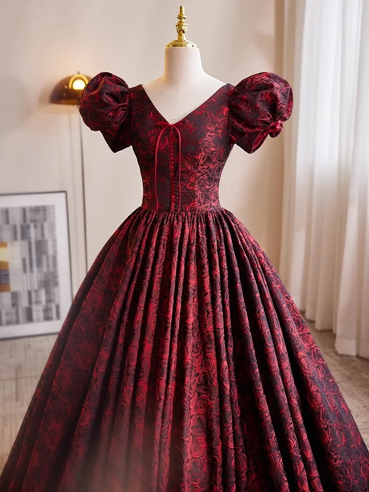 Customized Evening Dress Burgundy Satin Black Tulle Strapless Short Puff Sleeves A-line Floor Length Pleat Lady Party Dress