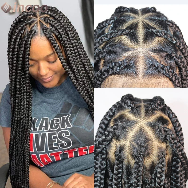 36 "caixa triangular completa do laço trançado perucas cornrow trançado perucas de renda sintética artesanal tranças sem nós peruca para mulher com bebê hai