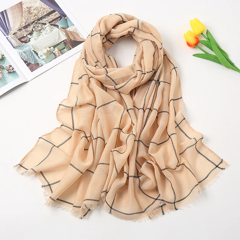 

Muslim Grid Cotton Hijab Scarf Women Long Soft Headscarf Femme Musulman Headwraps Tassel Scarves Premium Shawl Stoles 190*75cm