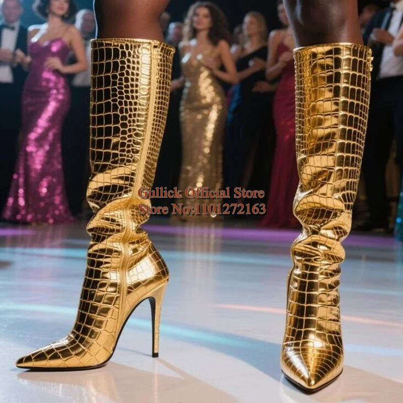 

Gold Snakeskin Printed Leather Women Knee High Boots Pointed Toe Python Pattern High Heel long Boots Drop Shipping