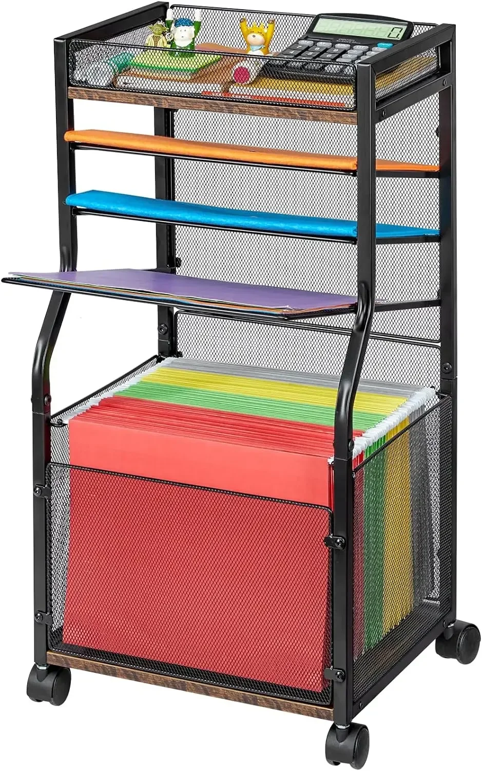 5-Tier Rolling File Cart with Hanging File Folders, Mobile Desk File Organizer on Lockable Wheels, Wood & Mesh Paper Letter