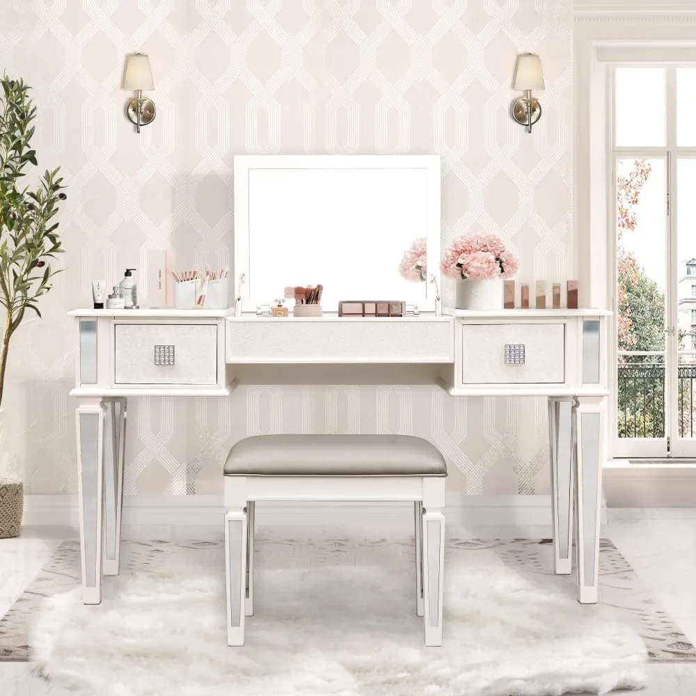 

Mirrored Vanities Desk with Drawers, Bedroom Makeup Vanity Table Set with Mirror and Stool, Flip Up Dressing Table for Bedroom