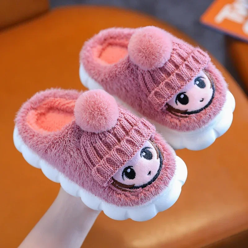 2024New Winter 2-10y Girls Antiskid Cotton Shoes Children\'s Cute Cartoon Home Indoor Plush Slippers Warm Furry Kids Footwear