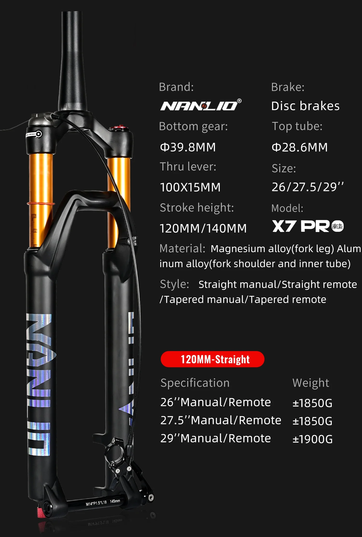 NANLIO X7 PRO MTB Luftfederungsgabel 26 27,5 29 Zoll 120 140mm Federweg mit Rückprall-Einstellung Metallbuchsen Schwarz Gold Fahrradgabel – Detail 7