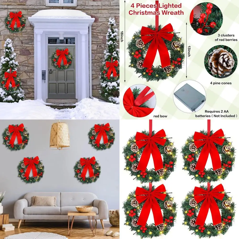 

Battery-Powered LED Lighted Christmas Wreaths, 12-Inch Small Pine Needle Wreaths with Large Bows, Ideal for Front Door, Wall, Ch