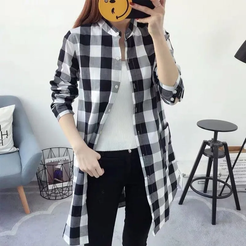 2023 Spring and Summer Art Contrast Color Checker Stand Neck Single Breasted Large Pocket Long Sleeve Casual Mid Length Shirt